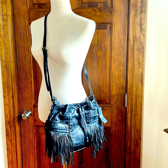 BOTKIER Black Leather MOTO BOHO FRINGE Crossbody Handbag Bag Festival Tooled NEW - Picture 2 of 4